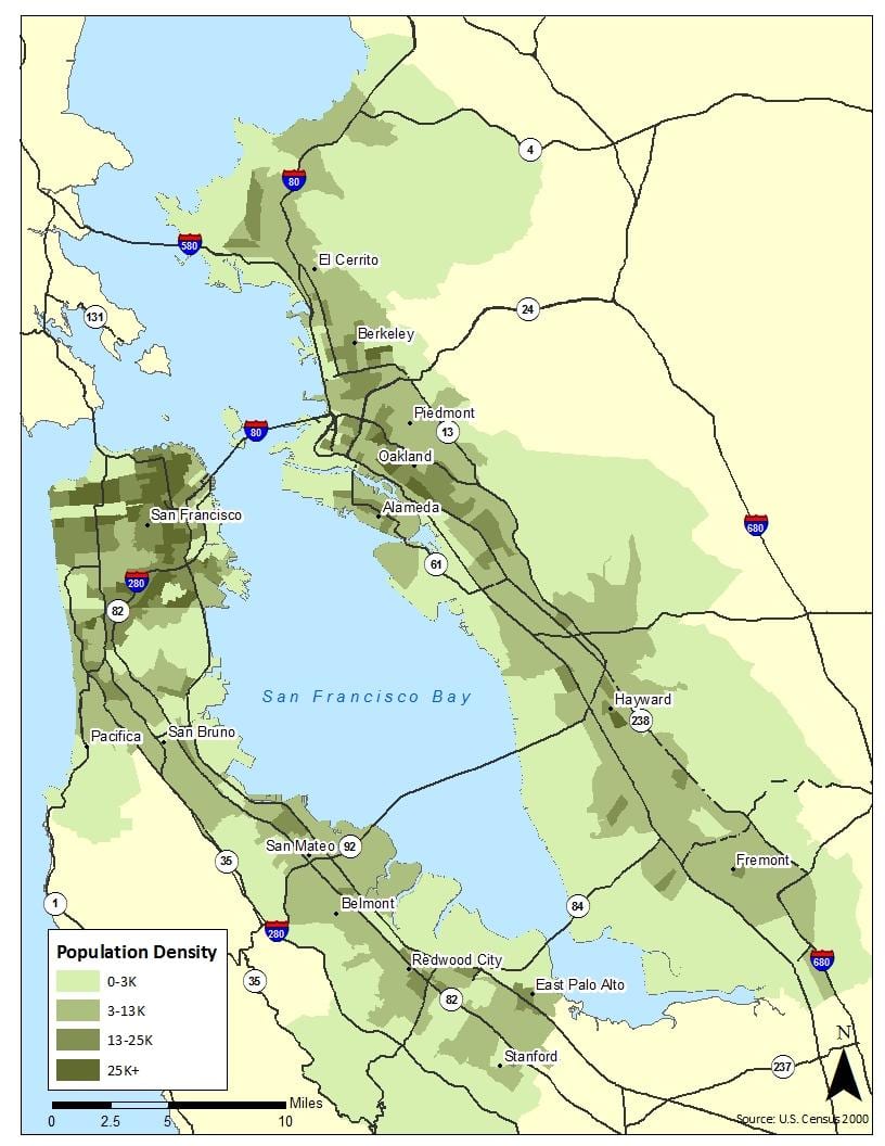 Karte bay area iedzīvotāju blīvums