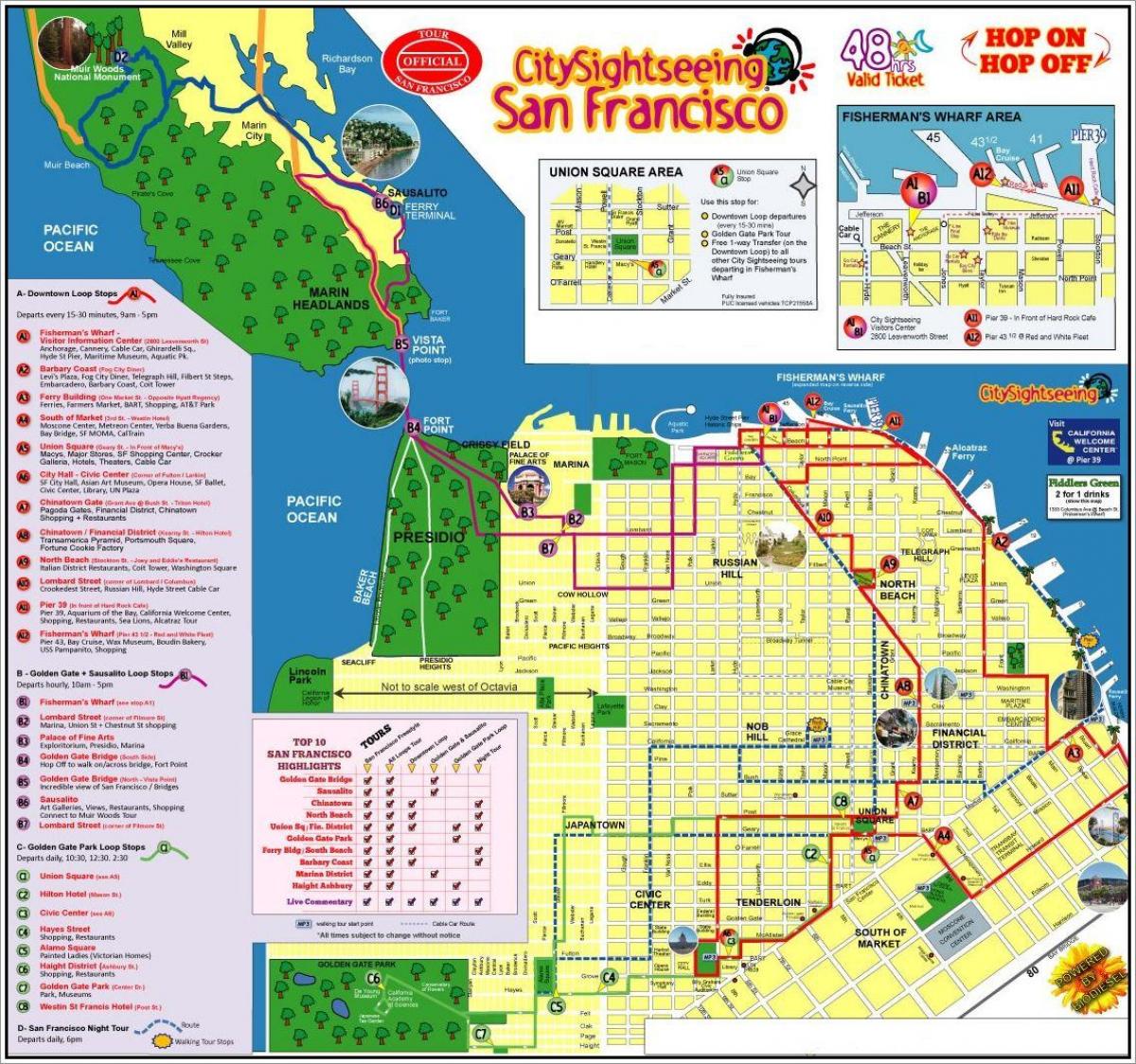 San Francisco, hop on hop off autobuss tūrisma karte