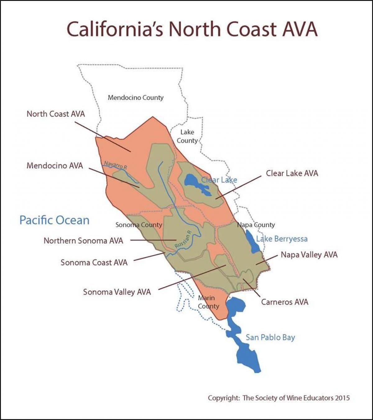 Karte kalifornijas piekrastē uz ziemeļiem no sanfrancisko