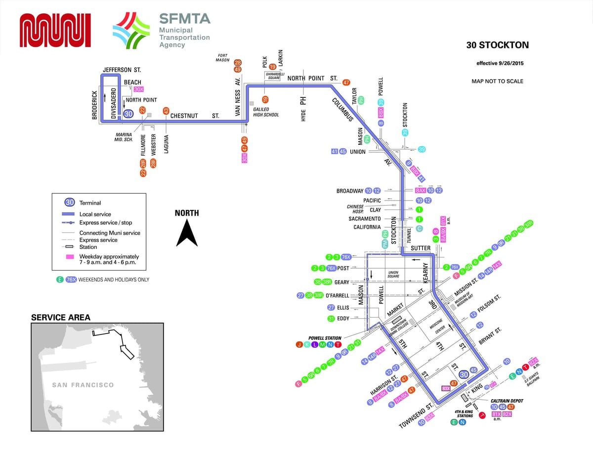 San Francisco 30 autobusu maršruta karte