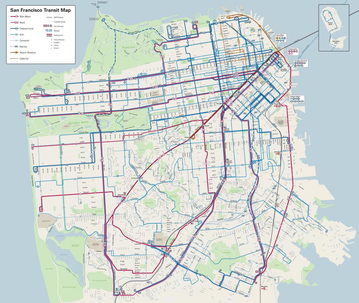 San Francisco autobusu līnijas kartē