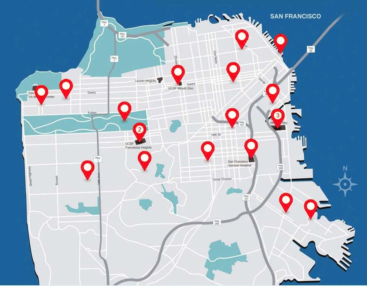 Karte San Francisco slimnīcas
