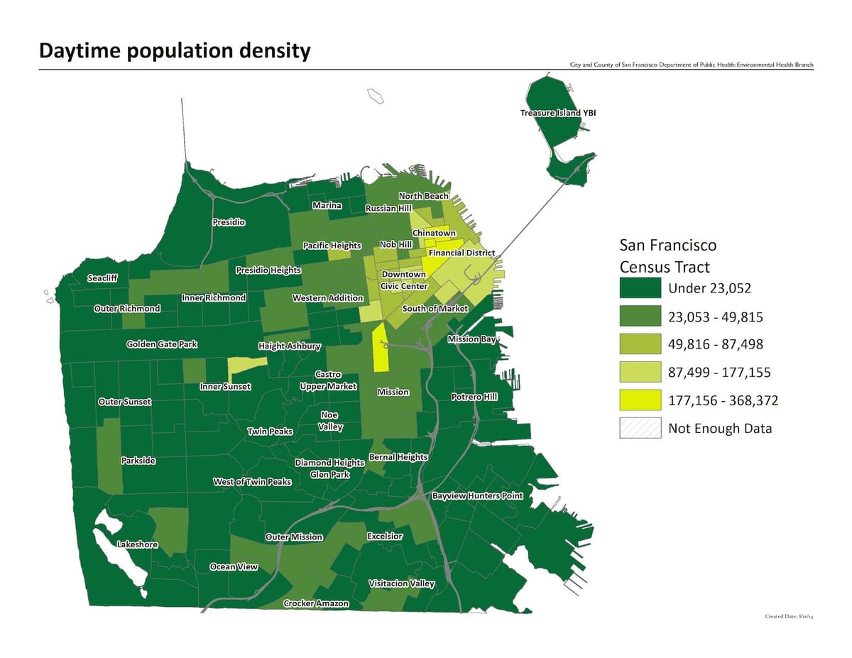 Karte San Francisco iedzīvotāju blīvums