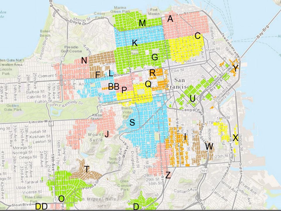 San Francisco stāvvietas zonu karte
